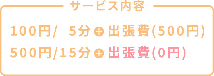 サービス内容：100円/5分+出張費（500円）/500円/15分+出張費（0円）